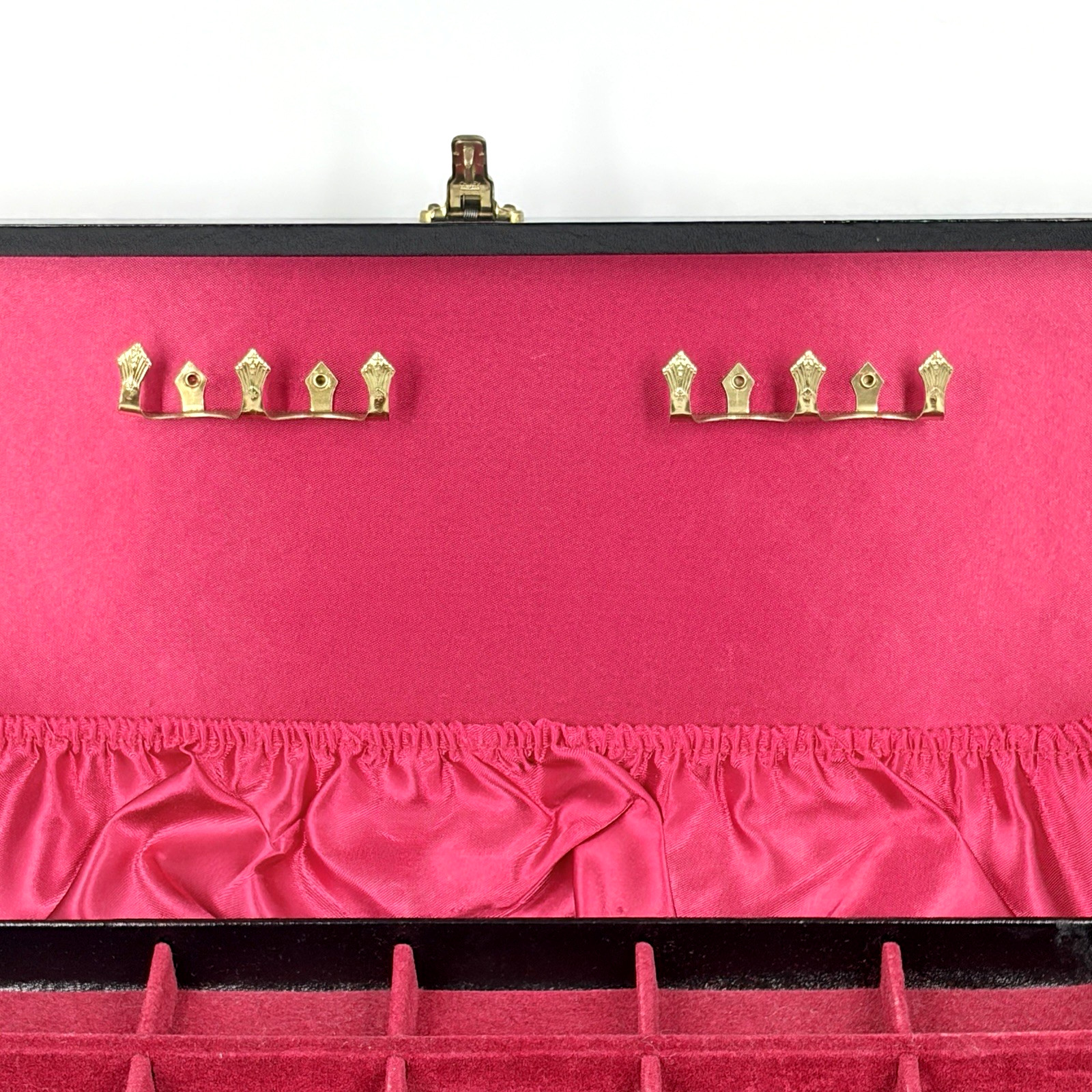 Vtg Black 2 Tier Jewelry Box Gold Clovers Dots Red Velvet Satin Lining NO Key