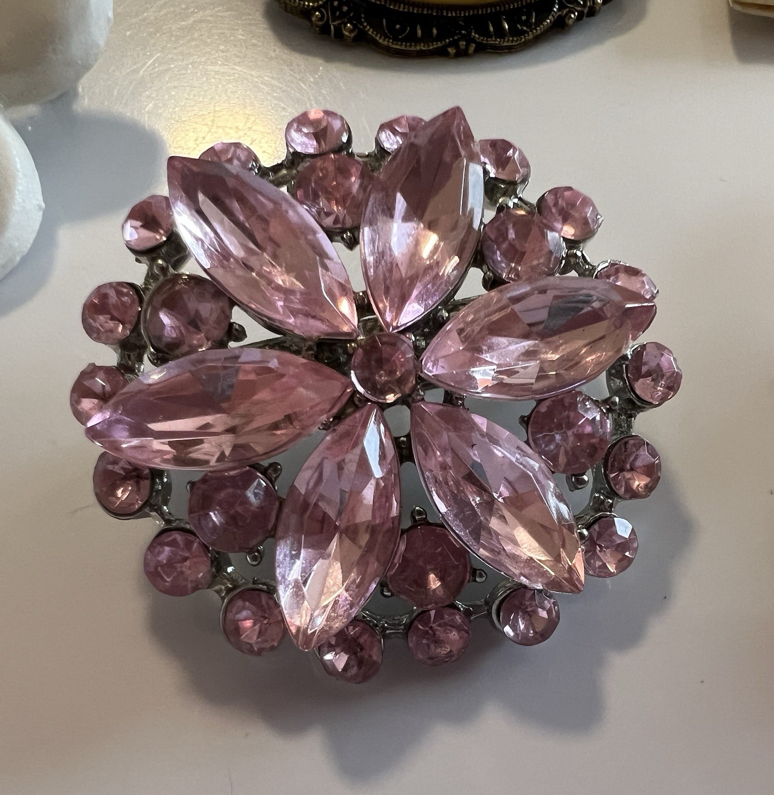 7 Pc Floral Brooch Lot Ceramic Enamel Pink Gold Tone Dogwood Flower Rhinestone