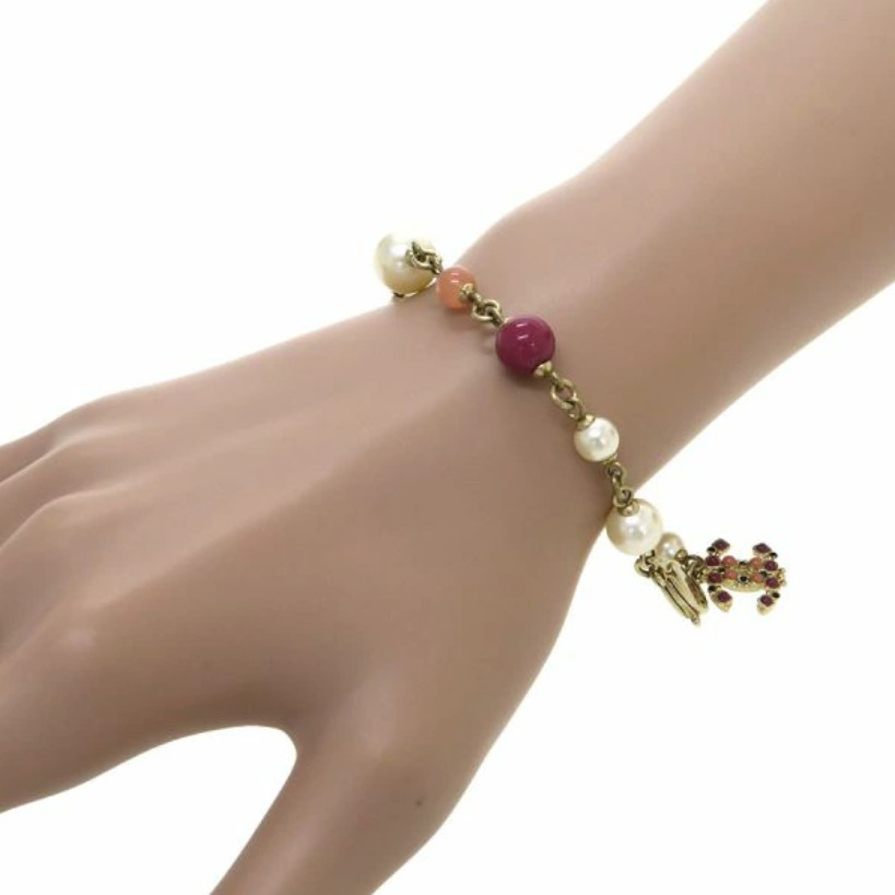 CHANEL CC Logo Multicolor Stone Pearl Bracelet 6.5″ Gold Tone 12P Auth #6767F