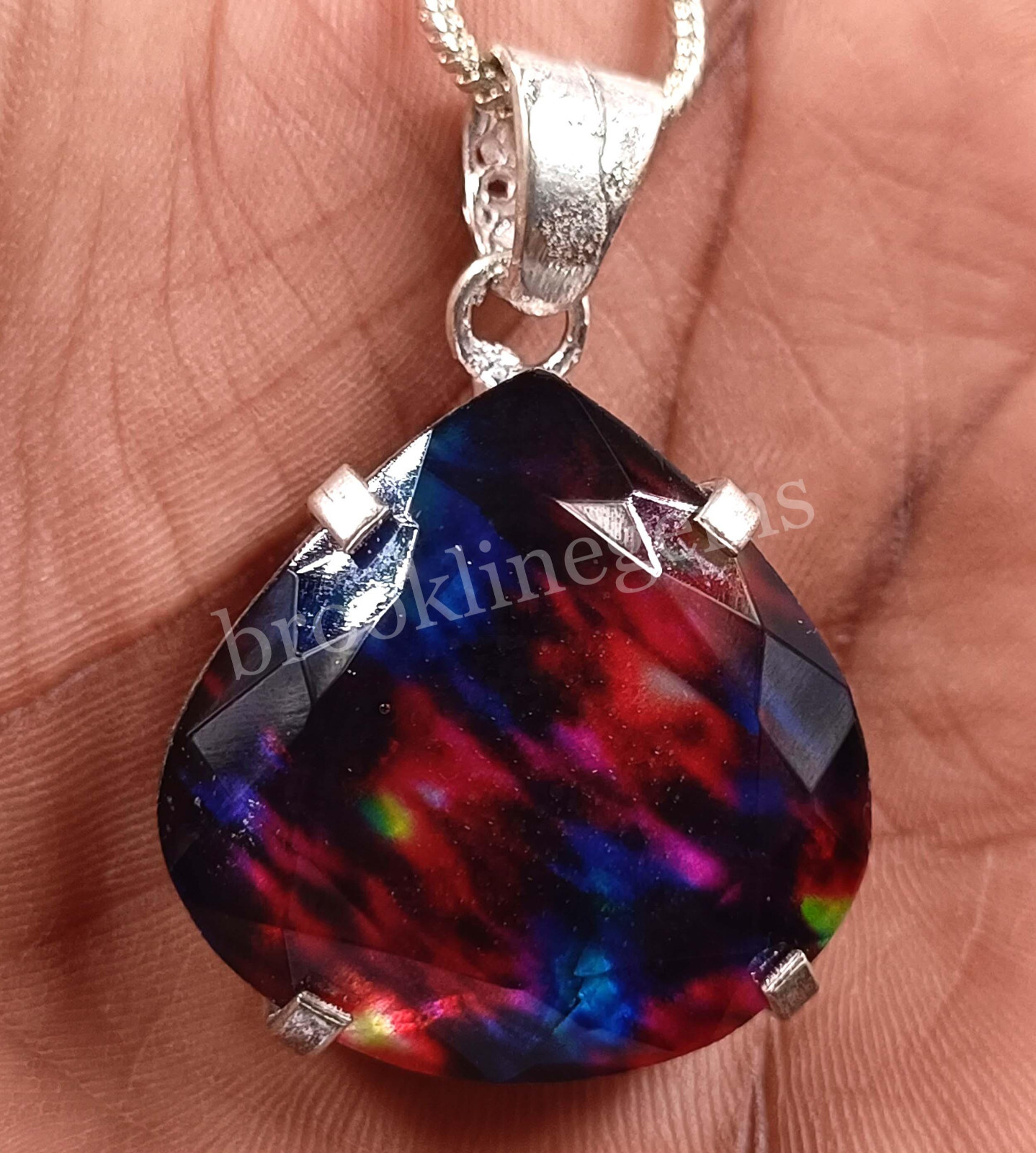 74.65 Ct Pear Natural Ammolite Opal Doublet 925 Silver Pendant EGL Gems 5FRD