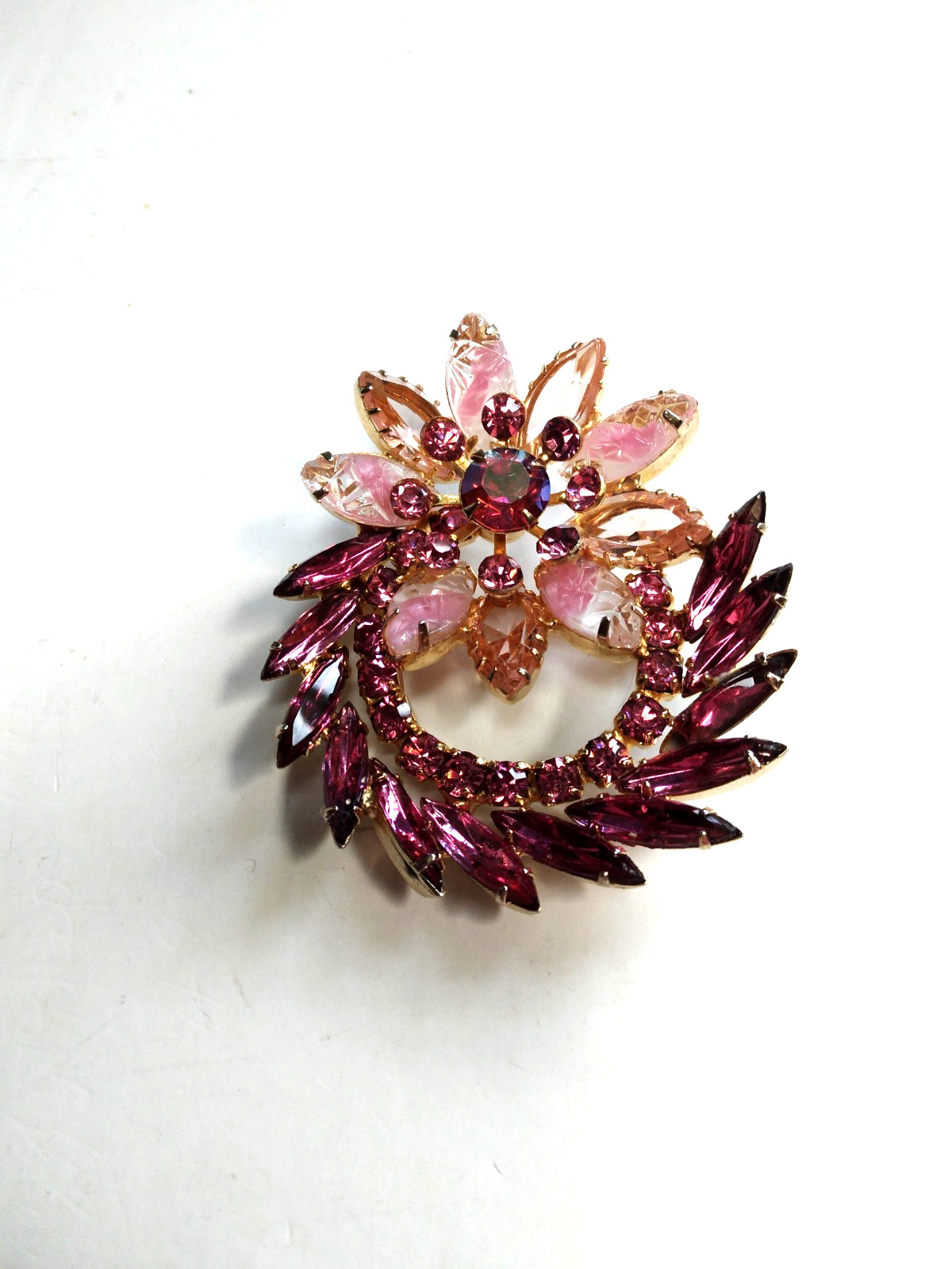 Juliana Pink Brooch Givre Lava Glass Dark Pink Navetts Gold Tone Rivet Prong Set