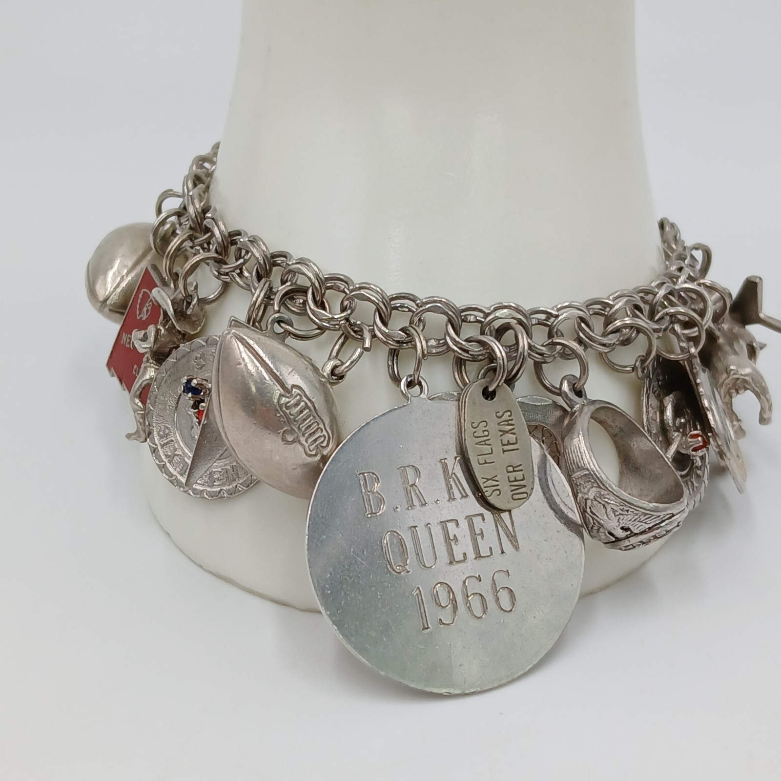 VTG 60s Charm Bracelet 8in Sterling Silver 70g JANE School Travel Faith South US