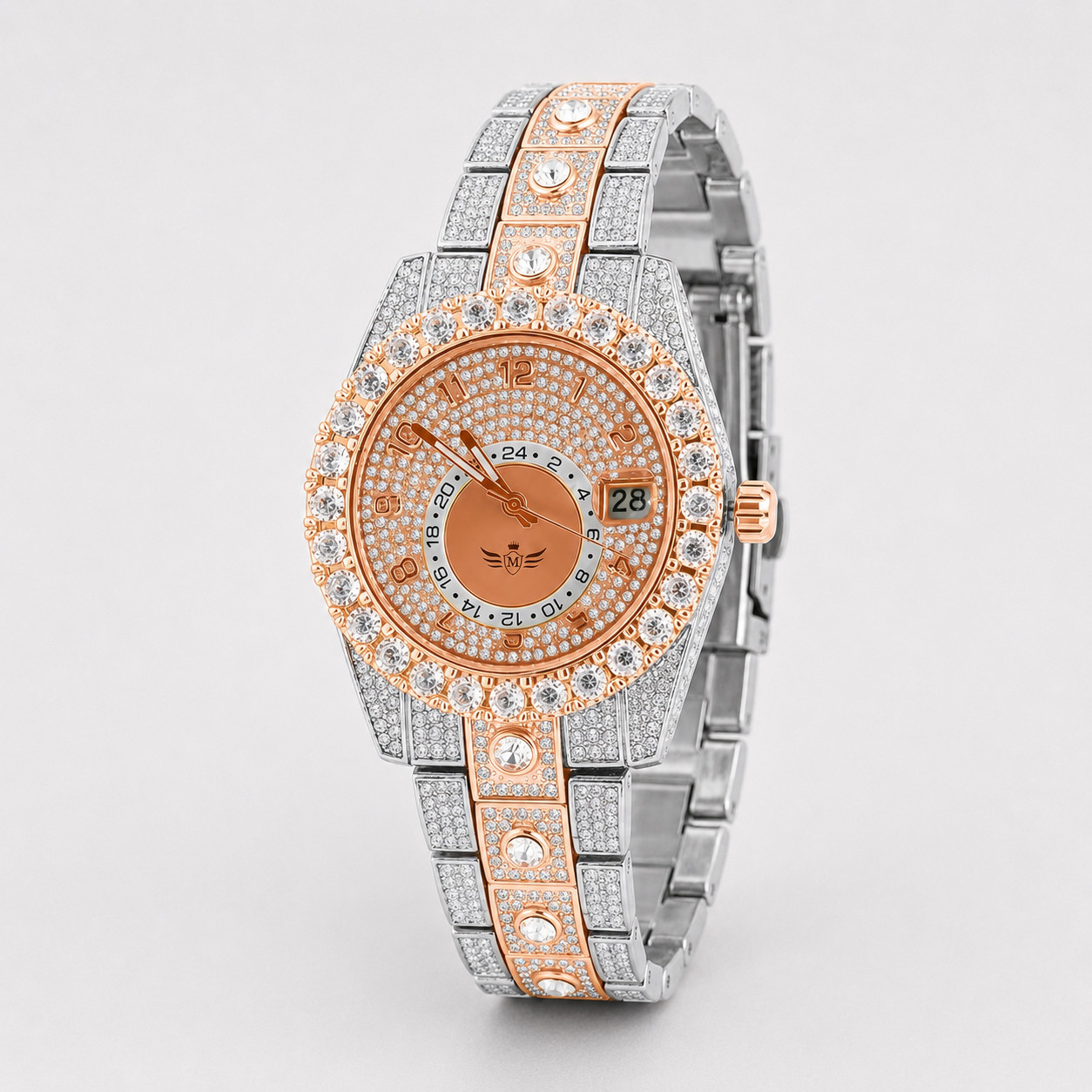 Men’s Two Tone Rose Gold Silver Bling Watch CZ Crystal Bezel Quartz Date 40mm