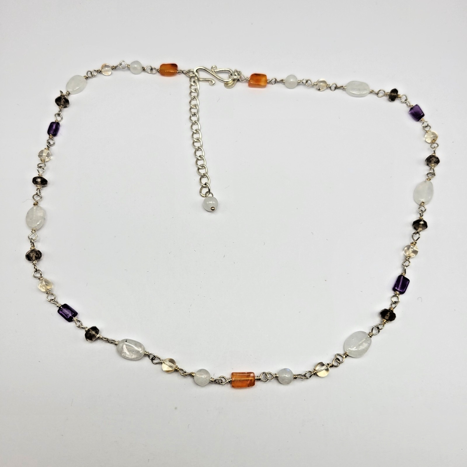 Sterling Silver Moonstone Amethyst Carnelian Smoky Quartz Necklace ~ 18.5″