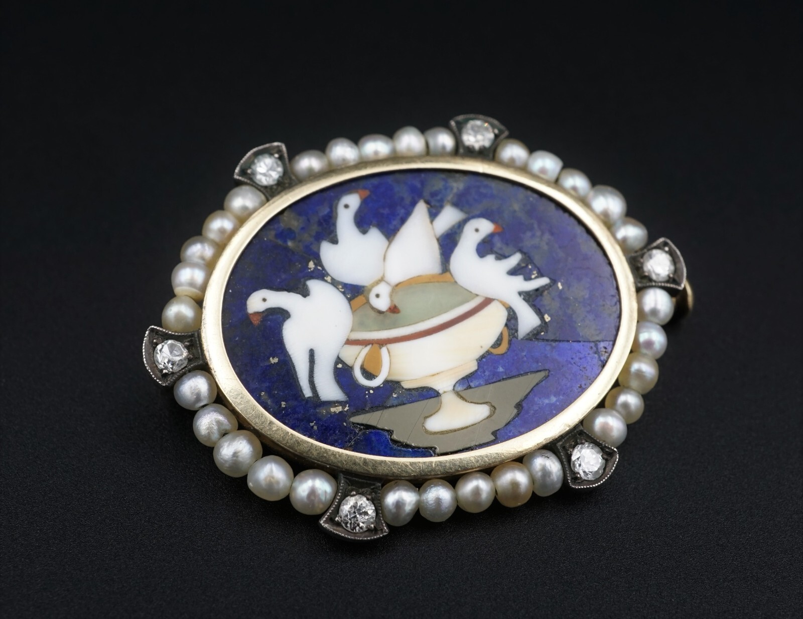 Antique 14k Pietra Dura Lapis Mosaic Pliny’s Doves Diamond Pearl Brooch OG393