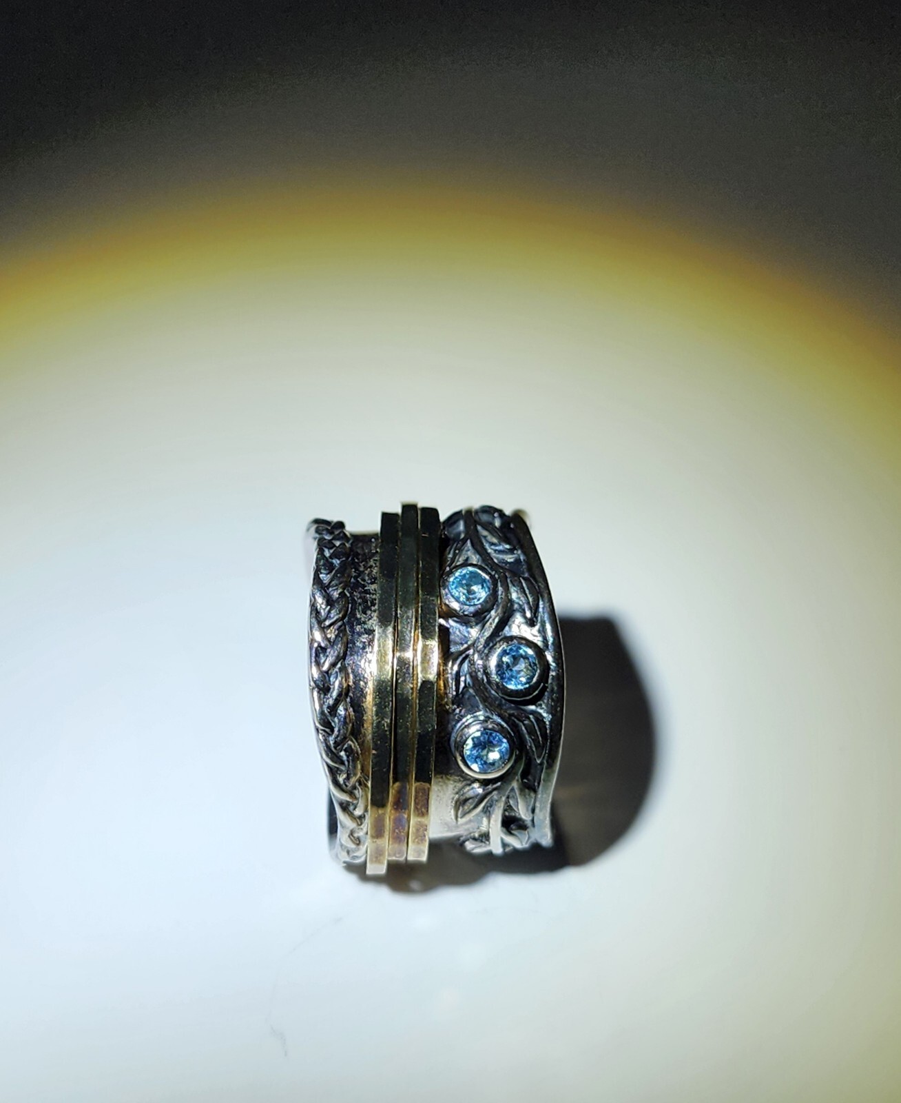 PZ Paz Creation Israel 925 Silver Blue Topaz Two Tone 3 Spinner Band Ring Size 8