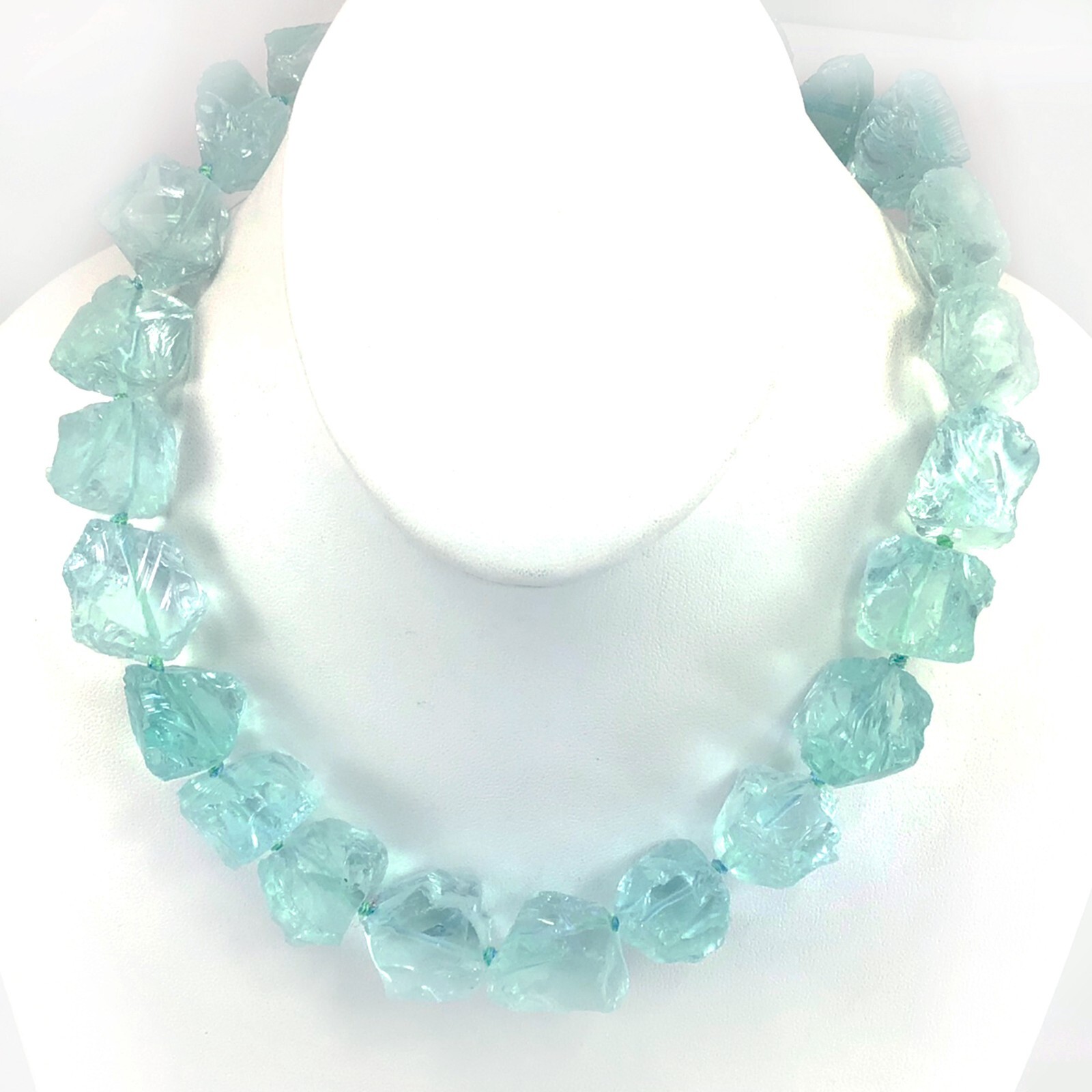 Blue Aqua Aquamarine Nugget Statement Necklace, March Birthstone, Silver 18″