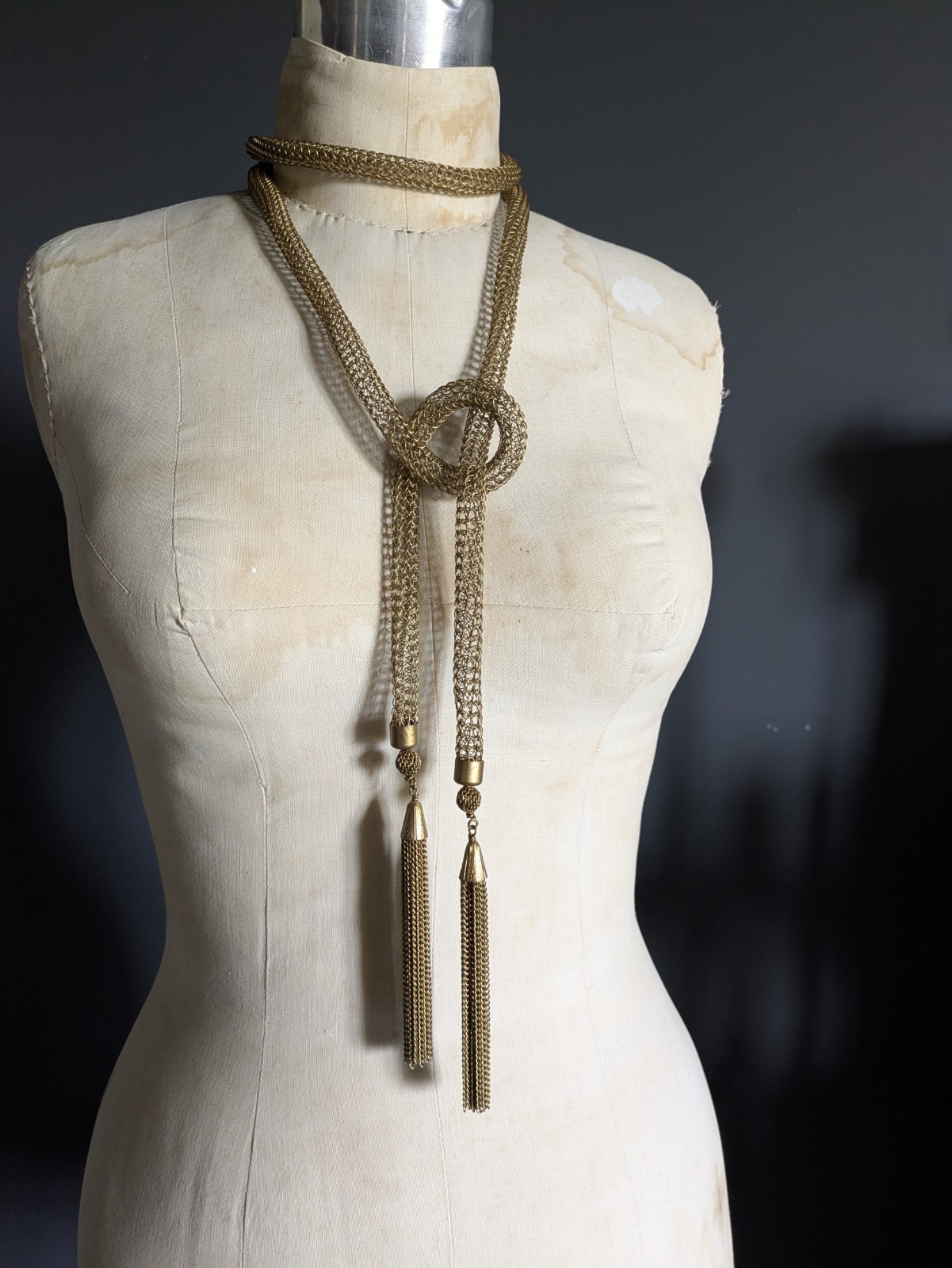 Vintage Brass Gold Tone Mesh Knitted Metal Wire Tassel Necklace Or Belt 55″