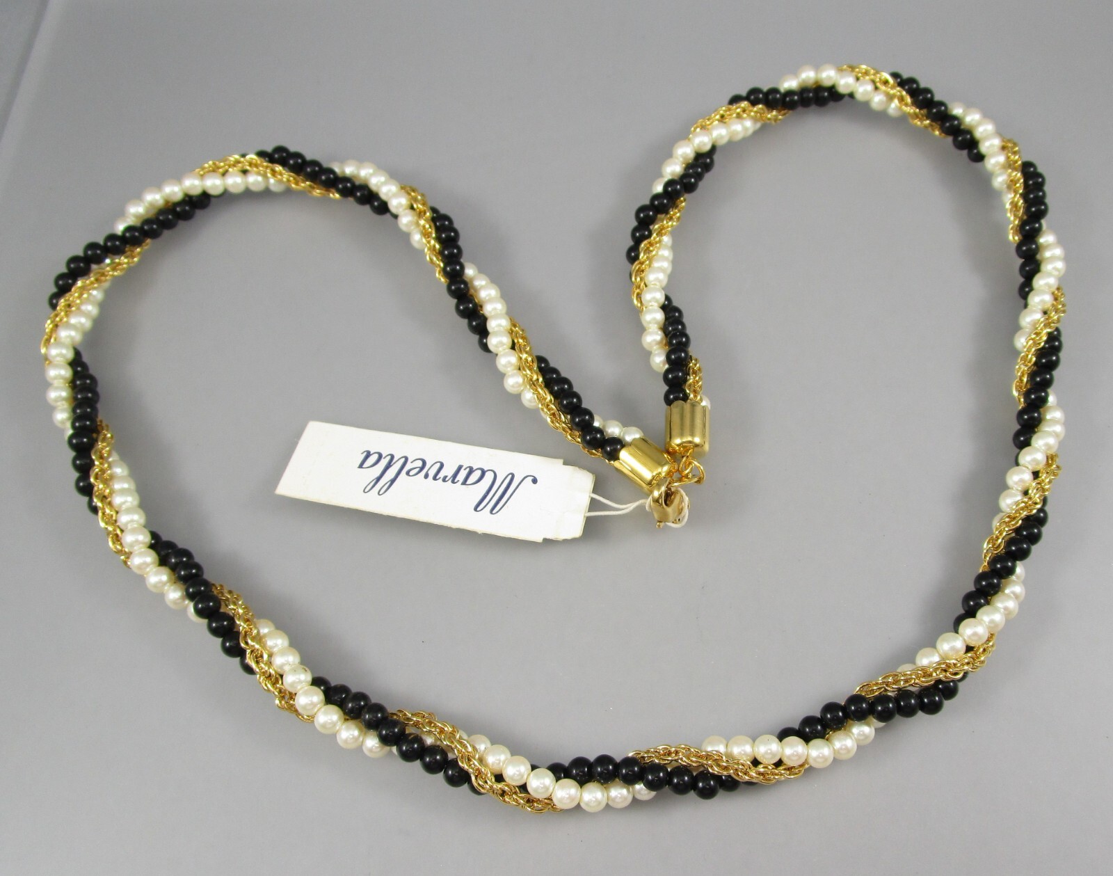 NOS Vintage MARVELLA Black Beads Gold Wrapped Chain Faux Pearl 24″ Necklace 8052