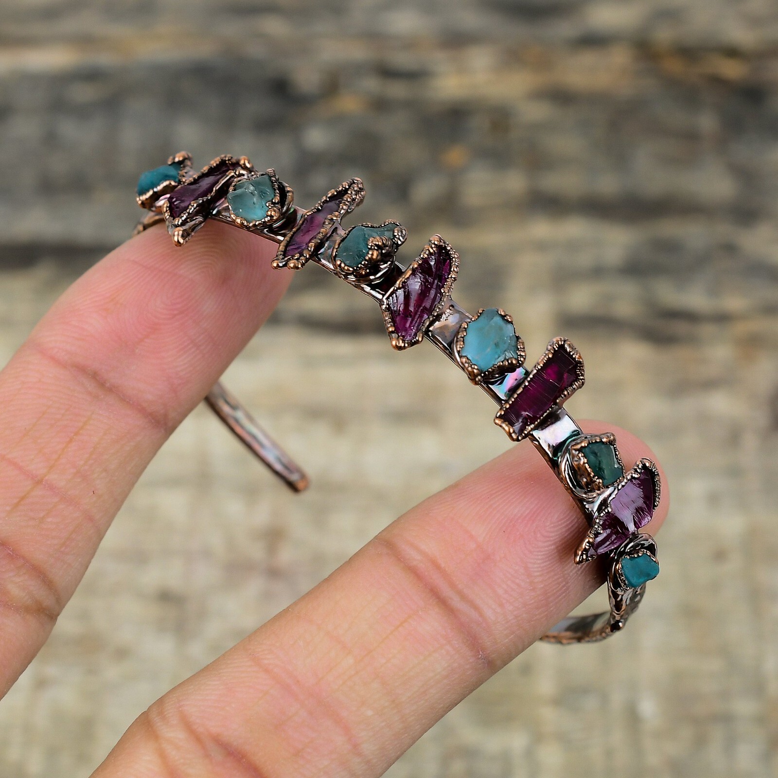 Aquamarine Rough Electroformed Adjustable Bangle Handcrafted Copper Partywear