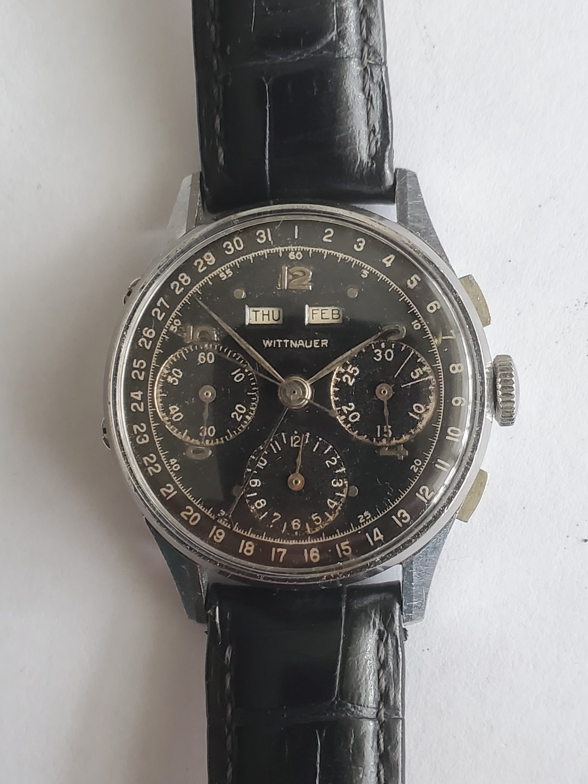 Vintage SS Wittnauer Triple Date Calendar Valjoux 72C Chronograph Man’s Watch