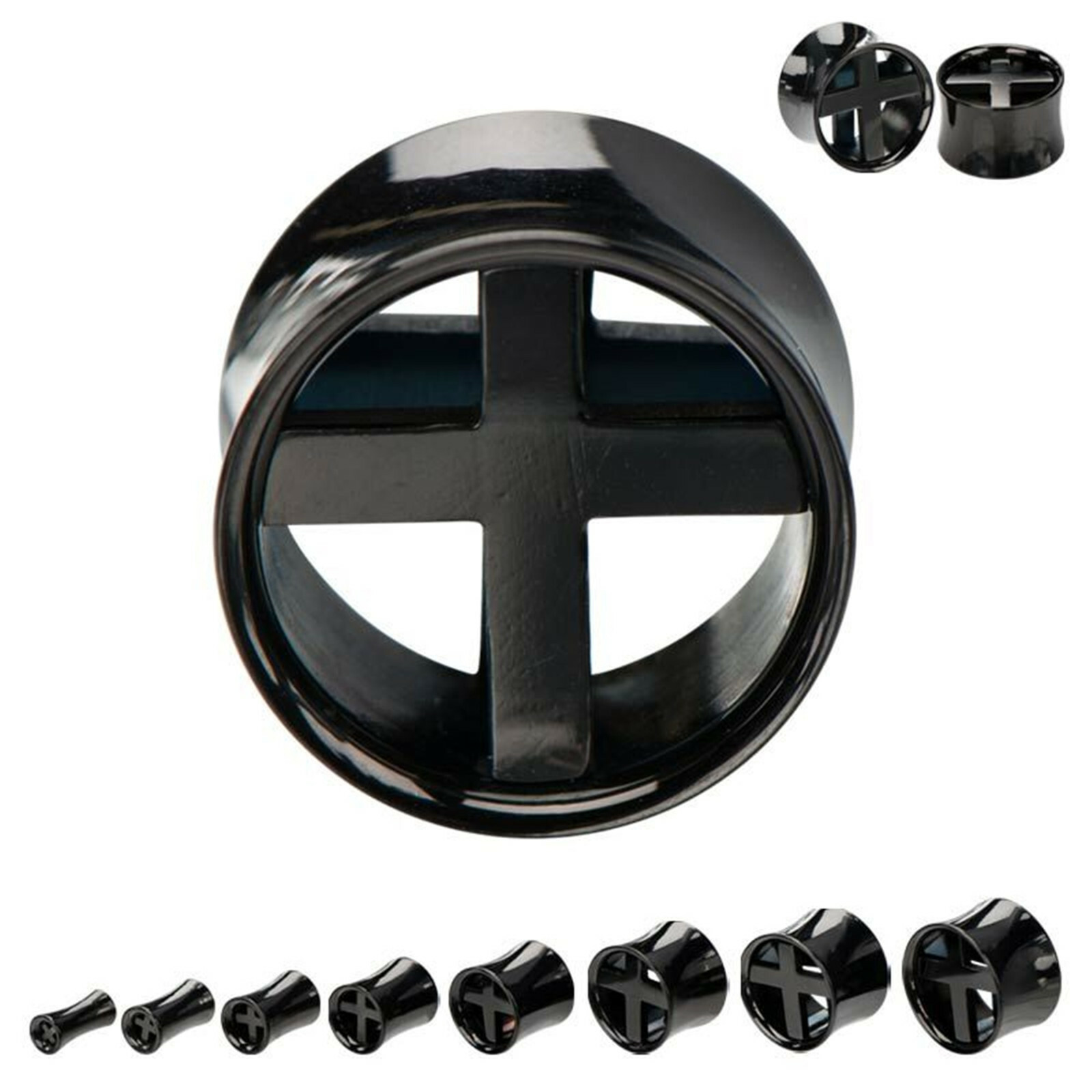 PAIR-Cross Black Titanium IP Double Flare Ear Tunnels 04mm/6 Gauge Body Jewe