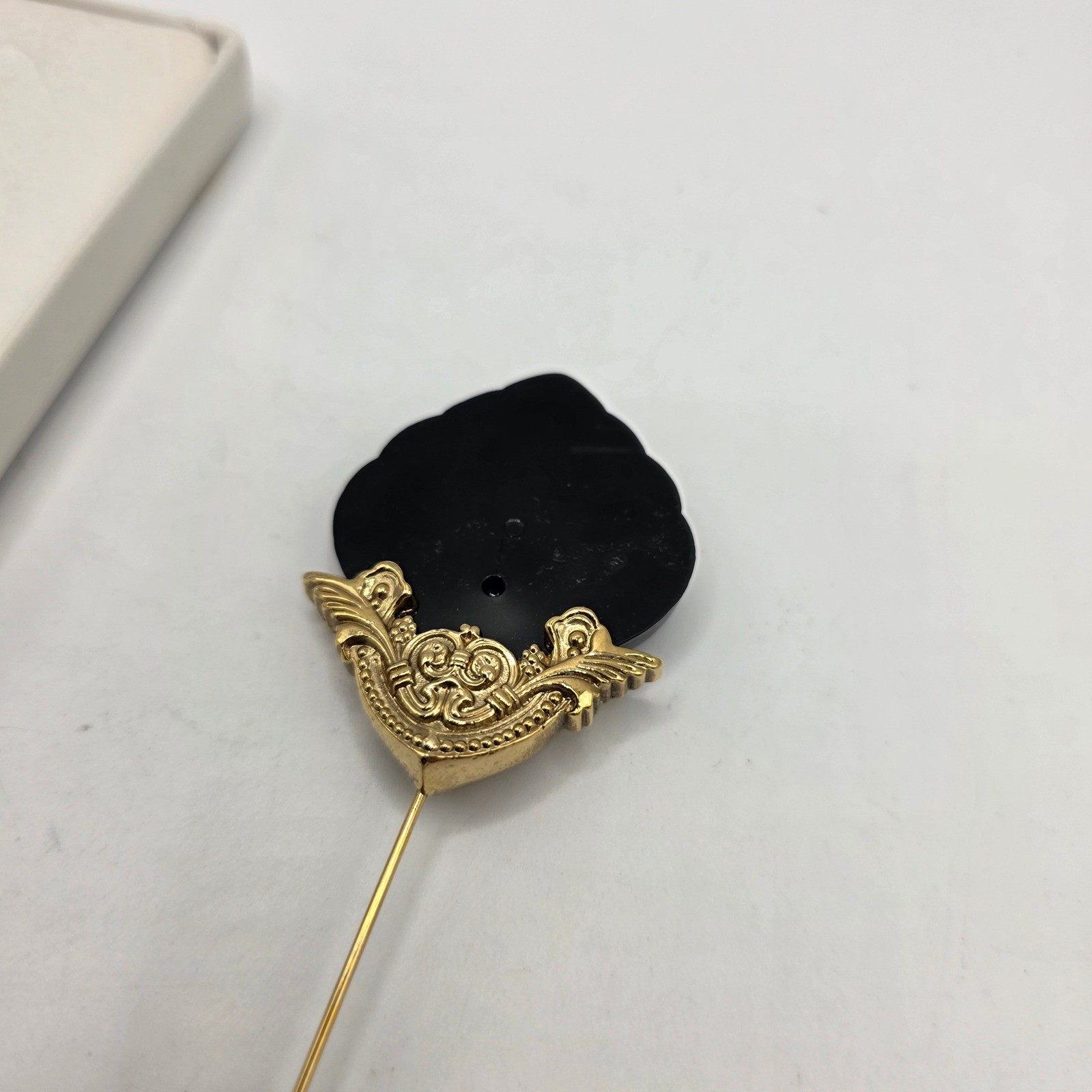 Vintage Gold Tone Black Carved Shell Stick Pin Ornate Filigree Lapel Accessory