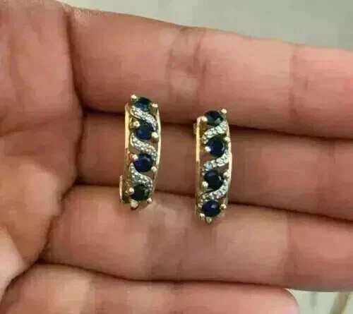 2Ct Round Lab Created Blue Sapphire Huggie Hoop Earrings 14K Yellow Gold Plated