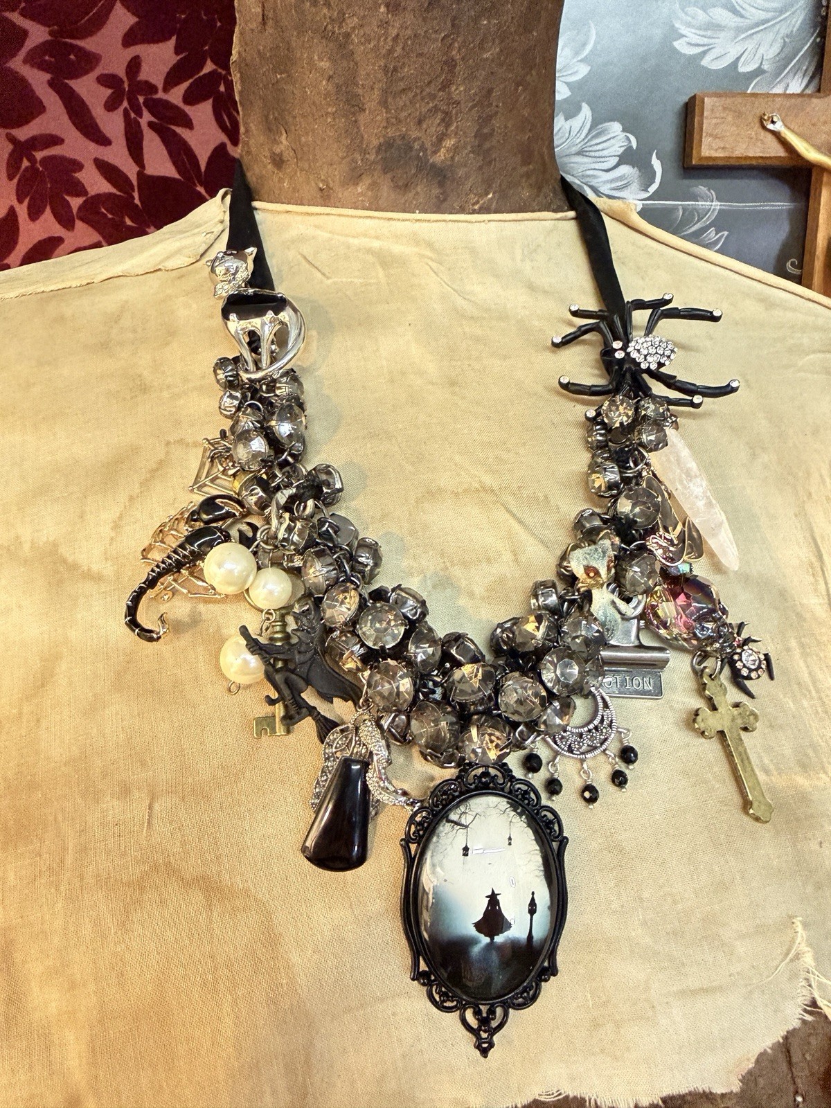 Handmade Gothic Statement Necklace Cross Spider Cameo Witchy Victorian OOAK