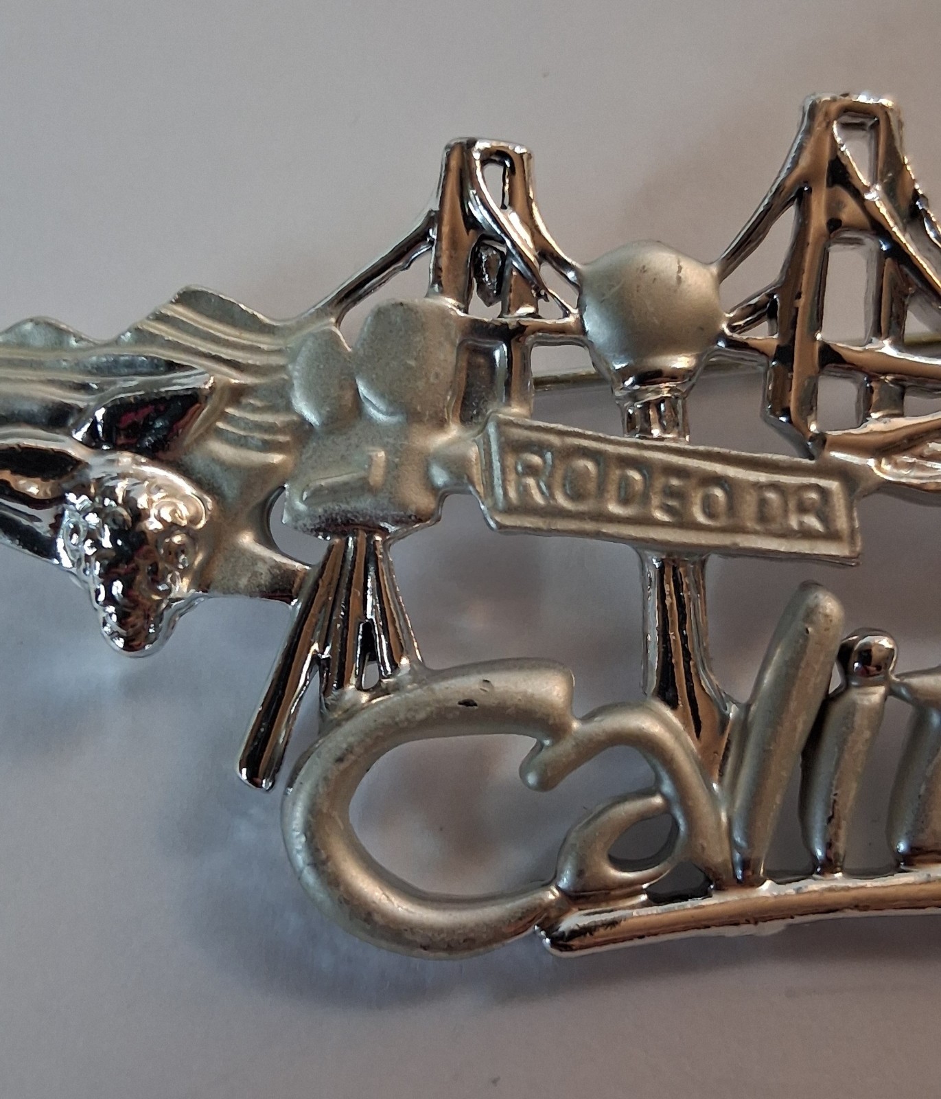 Danecraft Silver Tone California Rodeo Drive Travel Souvenir Brooch Pin 3.75in