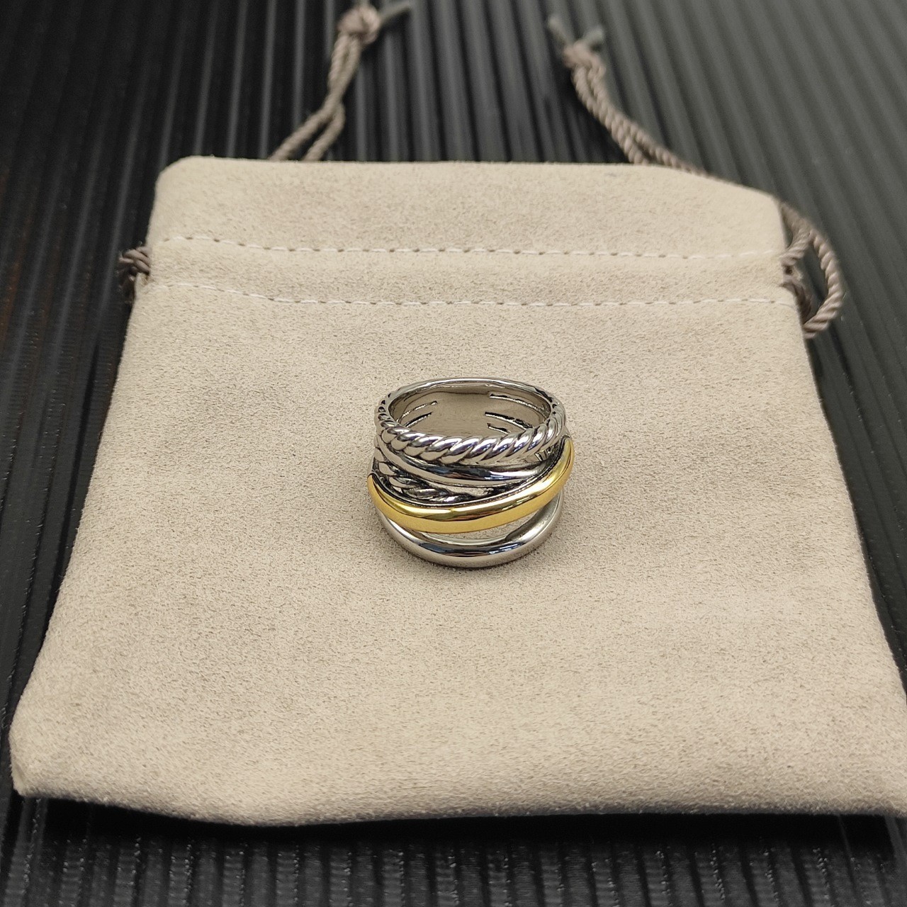 David Yurman Sterling Silver Crossover Five Row Ring with 18k Gold Size 8