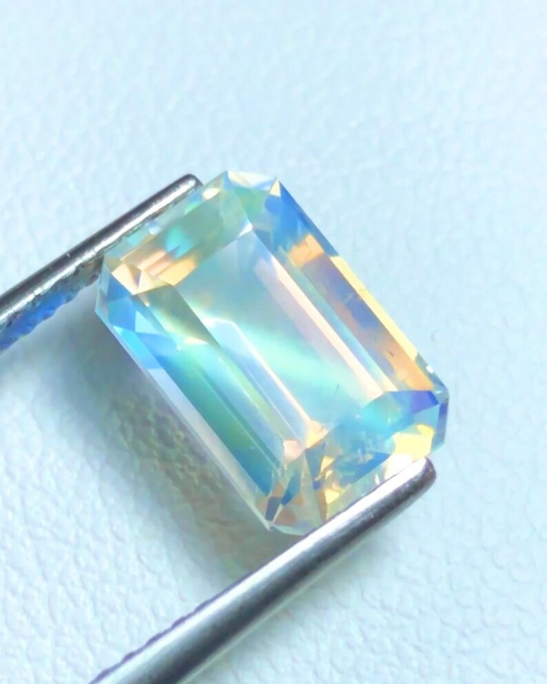 Natural Rainbow Moonstone Emerald Cut Loose Gemstone From Madagascar 3.29 Ct