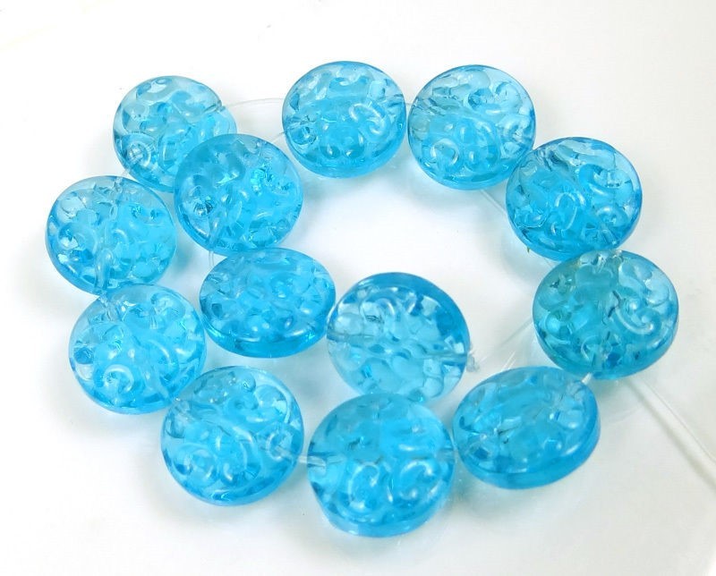Czech Pressed Glass Carved pattern Disc Beads – Aqua Blue (13)