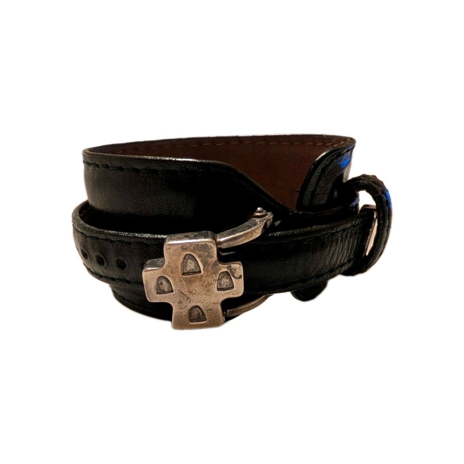 Saint by Sarah Jane Sterling Silver Casa Cross Black Leather Wrap Bracelet L
