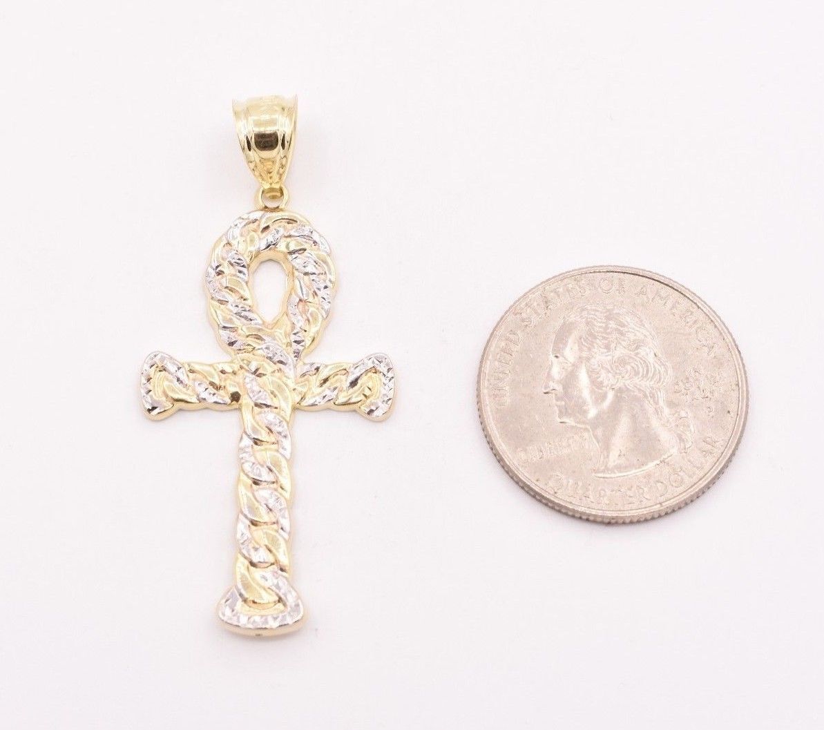 2″ Diamond-Cut Ankh Cross Pendant 10K Yellow White Gold