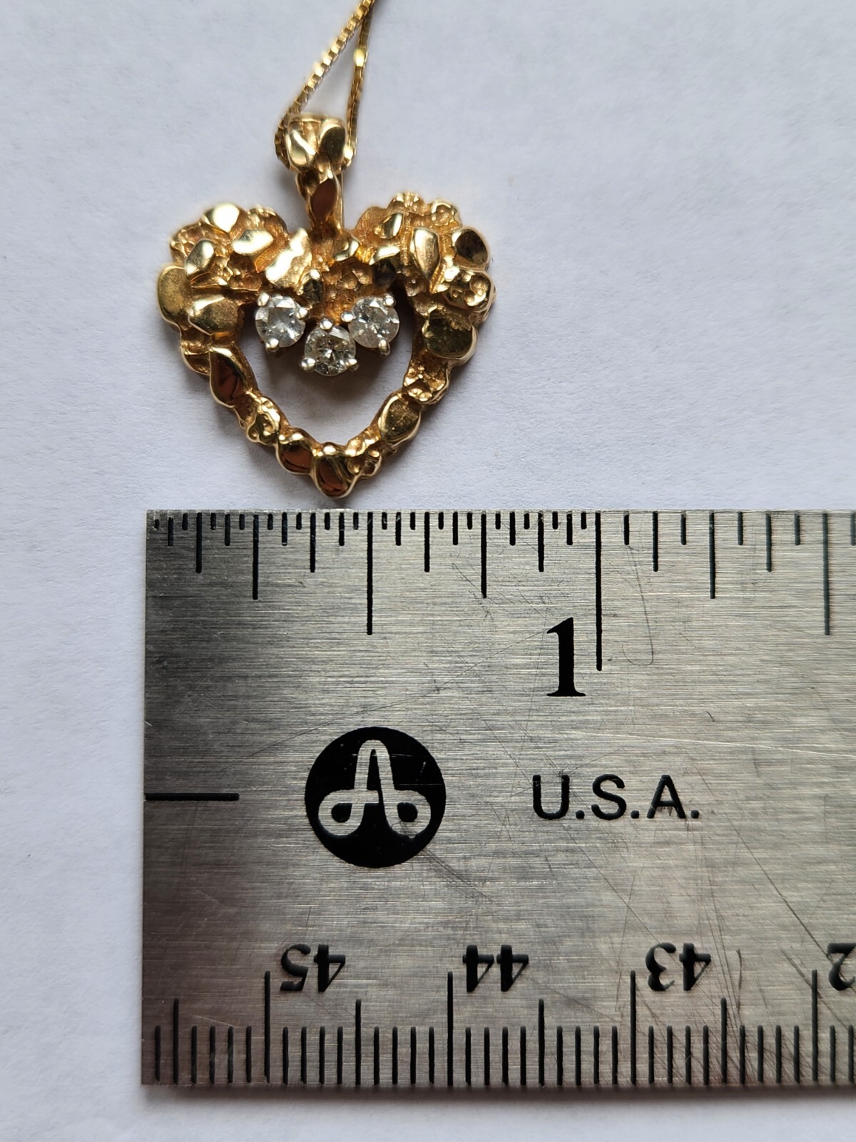14K Solid Gold Diamond Nugget Heart Pendant Necklace-3.97 Grams