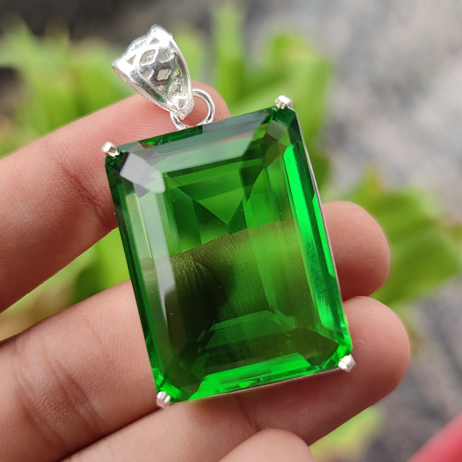 Natural 97.95 Ct Emerald Shape Green Topaz Gemstone Pendant 925 Sterling Silver