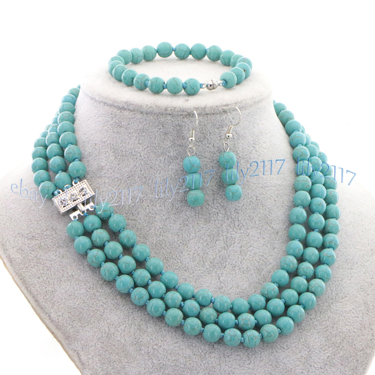 3 Rows Natural Multicolor Jade Round Gems Necklace Bracelet Earrings Jewelry Set