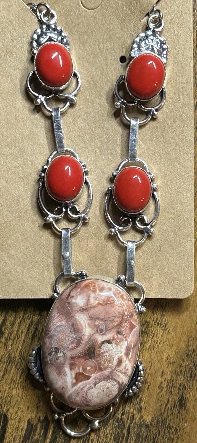 19564. Mexican Bird’s Eye Red Sea Coral Handmade Ethnic 925 Silver Necklace