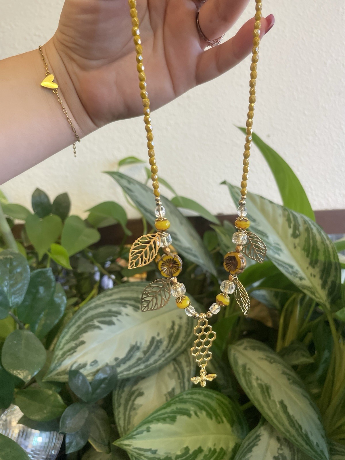 Gold and Yellow Tone Beaded Necklace w/ Leaf Charms & Honeycomb Bee Pendant