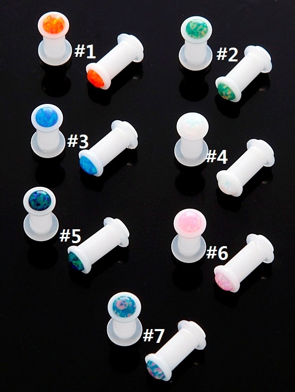 Pair GENUINE FIRE OPAL STONE Single Flare White Acrylic Ear Plugs GAUGES 8,6,2G