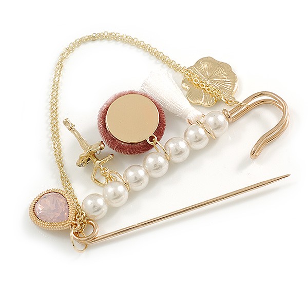 Vintage Inspired Gold Plated Safety Pin Brooch With Pearl Beads, Chains and