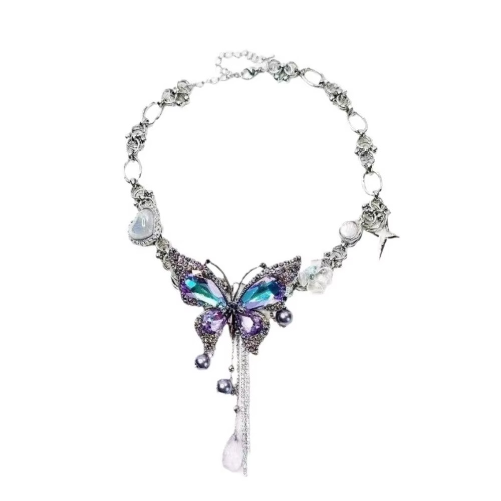 Purple Butterfly Tassel Necklace Vintage Style Statement Pendant Fashion Jewelry