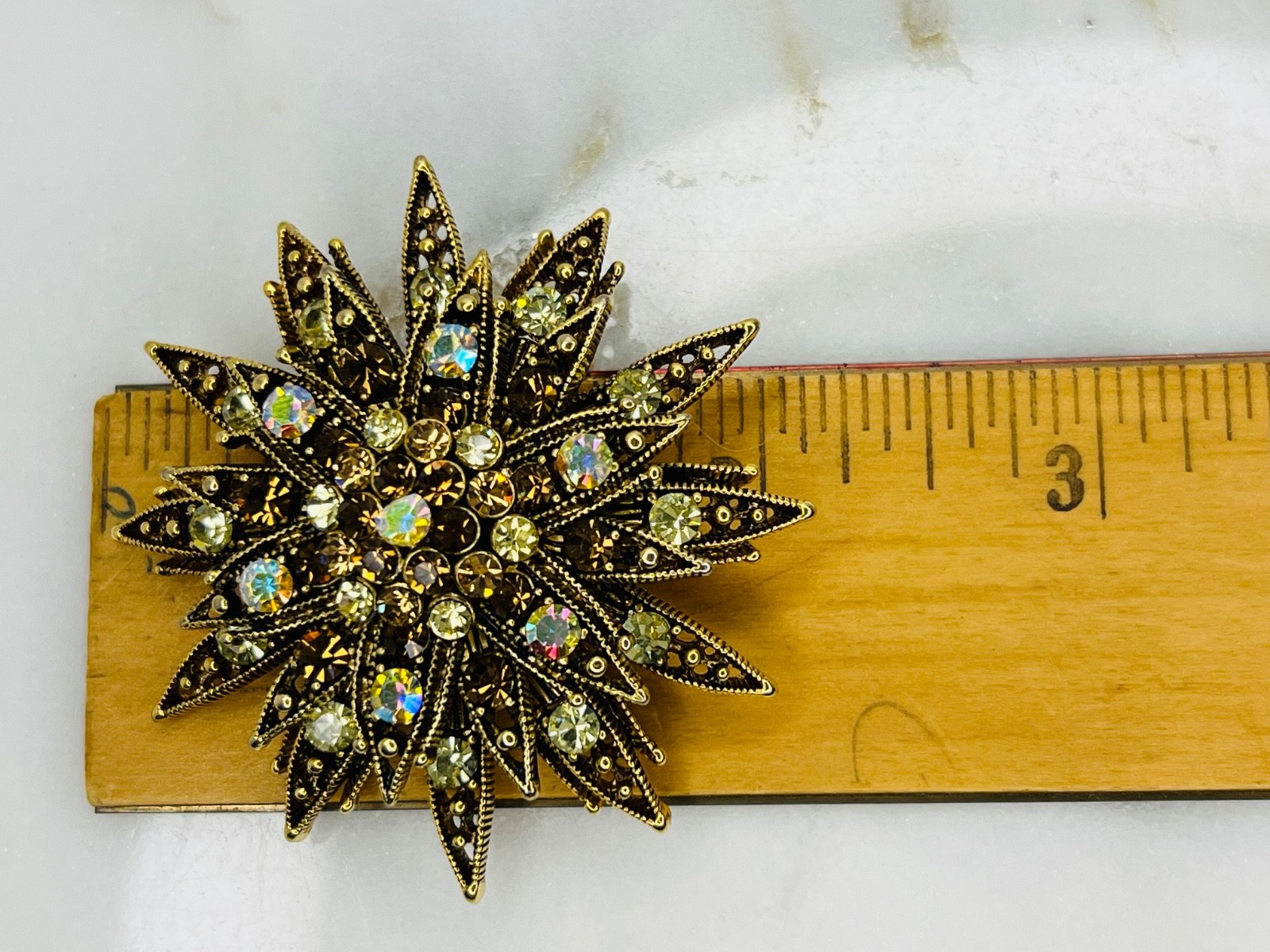 Stunning Starburst Aurora Borealis Textured Brooch Pin Goldtone 2 1/2 Inches