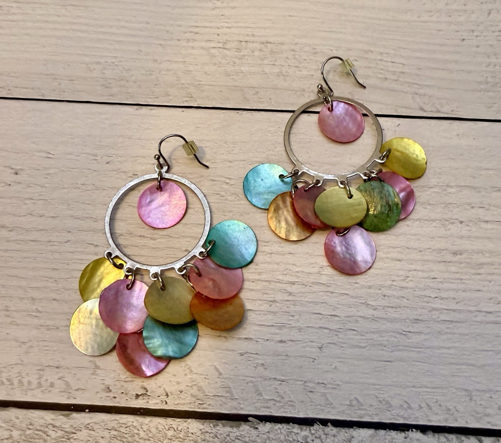 2 Pair Pink Multicolor Chandelier Earrings – Genuine Capiz Mermaid Scale – Boho