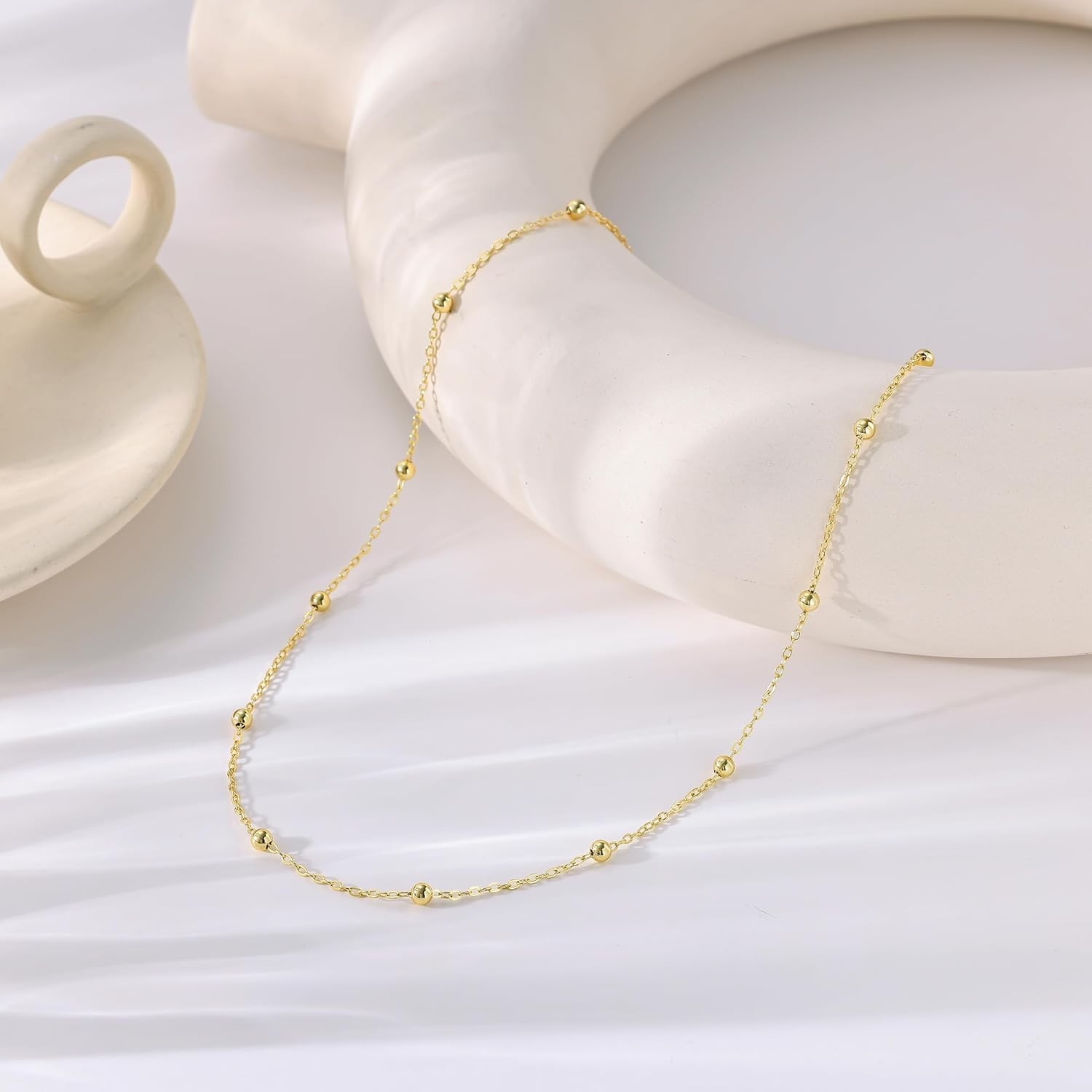 Dainty Gold Chain Necklace for Women, 14K Plated Beaded Box Link Choker Trendy