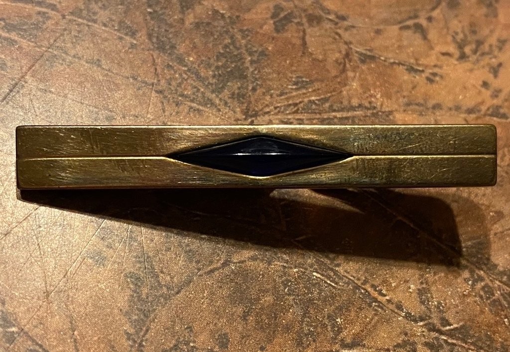 Vintage Swank Brass Tie Clip with Blue Enamel Detail