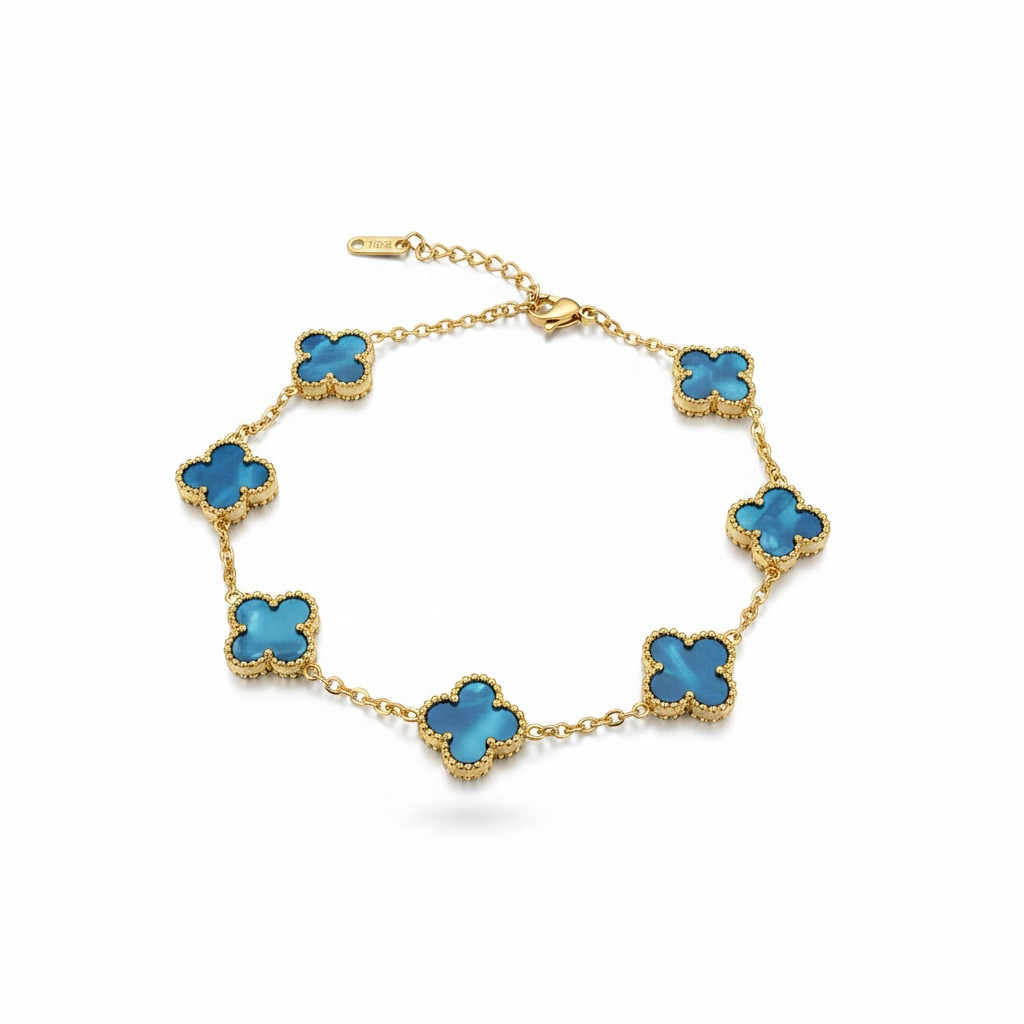Iridescent Blue Clover Station Bracelet in Gold Tone