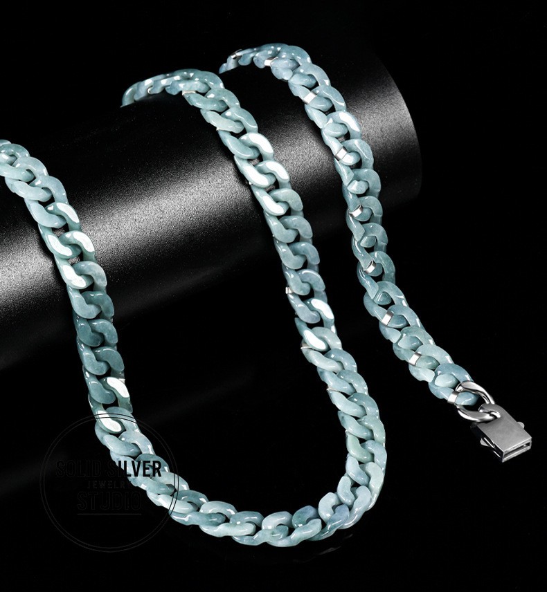 Natural Grade A Jadeite Cuban Link Chain Bracelet&Necklace Hip Hop Jade Jewelry