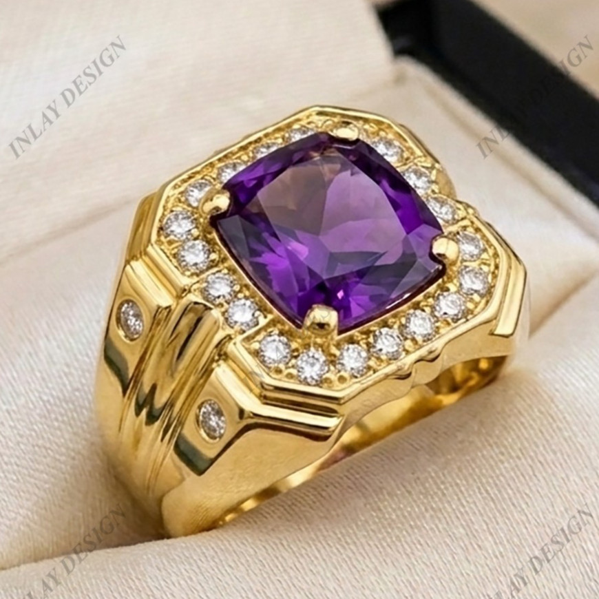 Men’s 925 Silver Signet Ring Purple Natural Amethyst Cushion Shape Gemstone