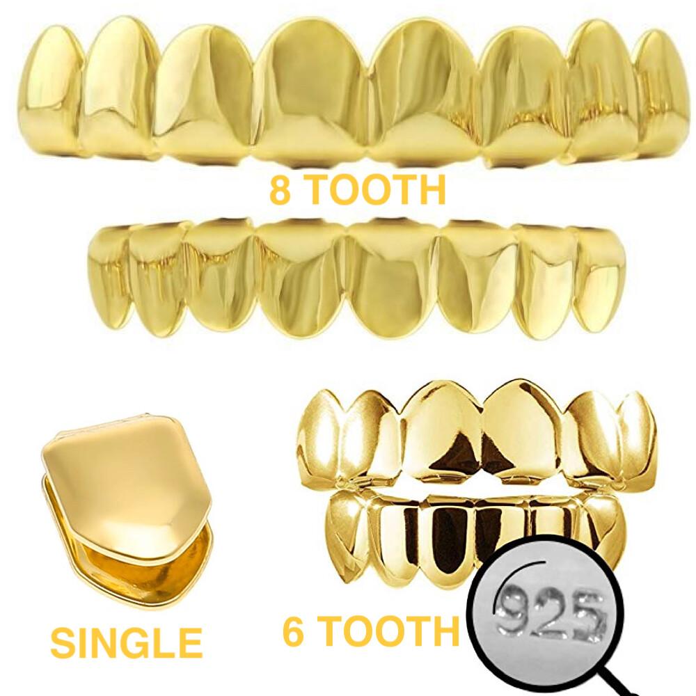 Real 925 Sterling Silver Gold Plated GRILLZ – Hip Hop Grills 6 8 Or Single Teeth