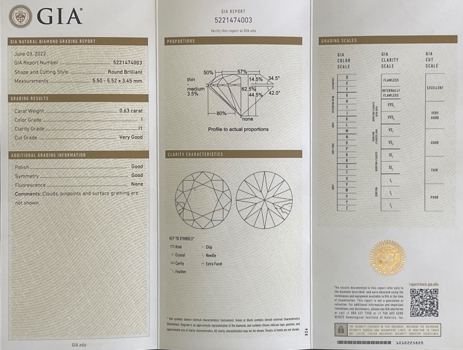 Beautiful Diamond .63 Carat I Color I1 Clarity Cut Grade Very Good GIA Cert.