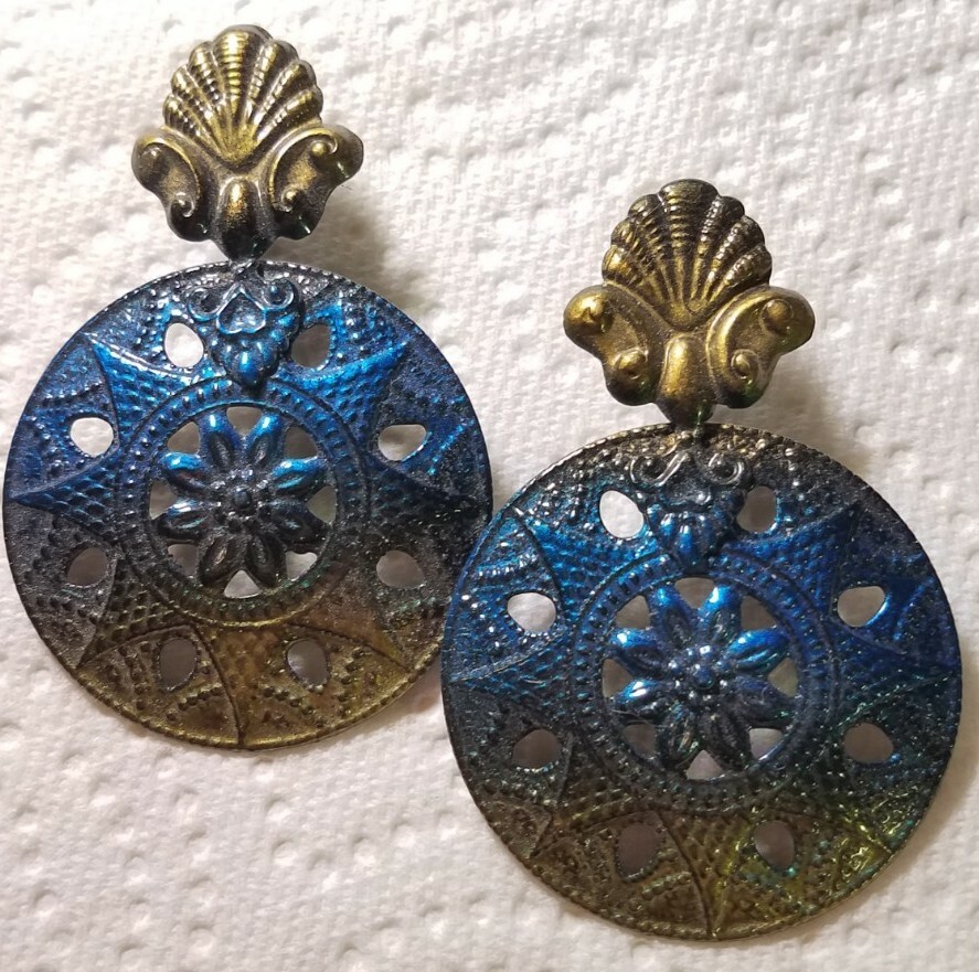 Stamped Metal Earrings Stud Type Blue and Gold