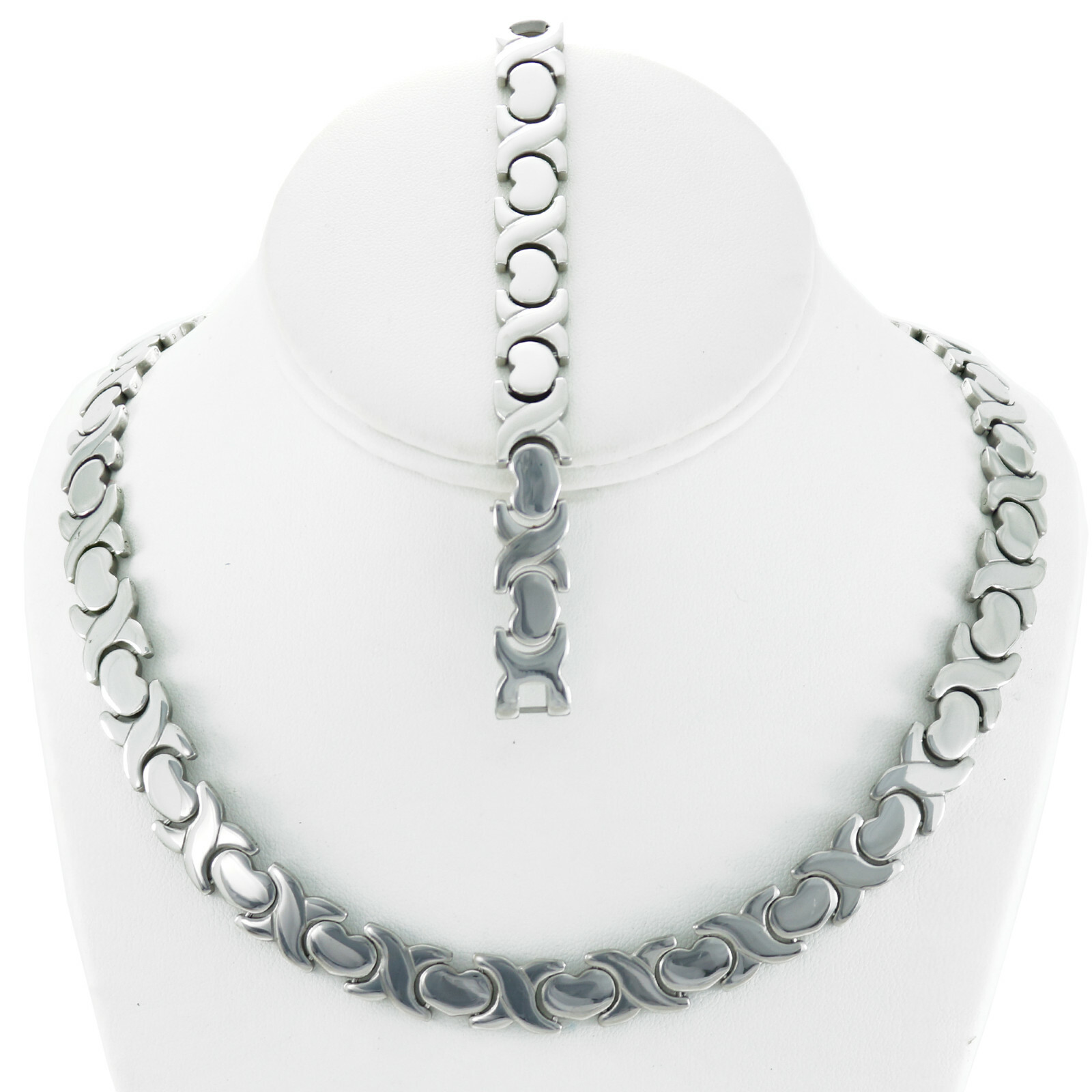 Hugs & Kisses 11mm Wide XOXO Necklace Bracelet Set Stainless Steel Stampato 18″