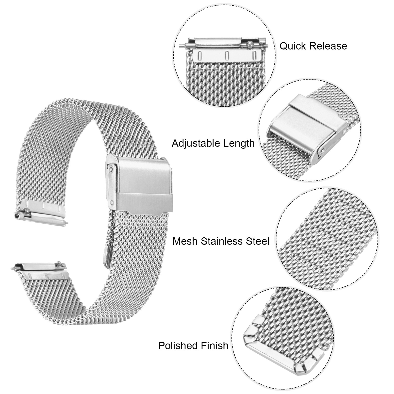 316L Stainless Steel Mesh Watch Band 18mm Quick Release Adjust Straps Silver