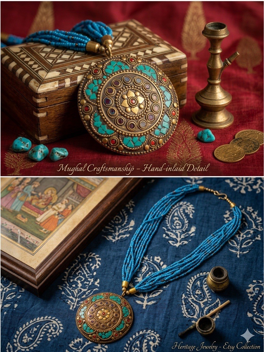 Rajasthani Necklace Multi Strand Blue Beaded Oxidized Gold Medallion