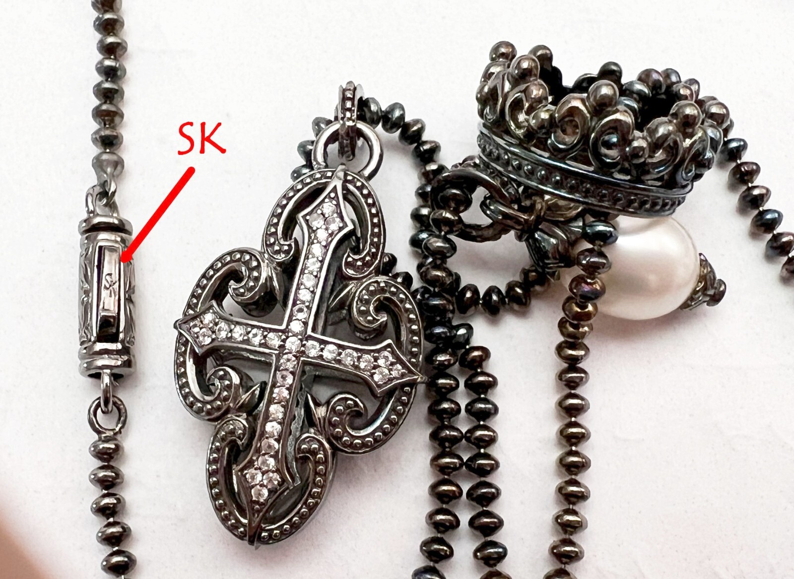 $750 Scott Kay Ruthenium Ball Chain Pearl Cross Charm Necklace Women Lady Gift