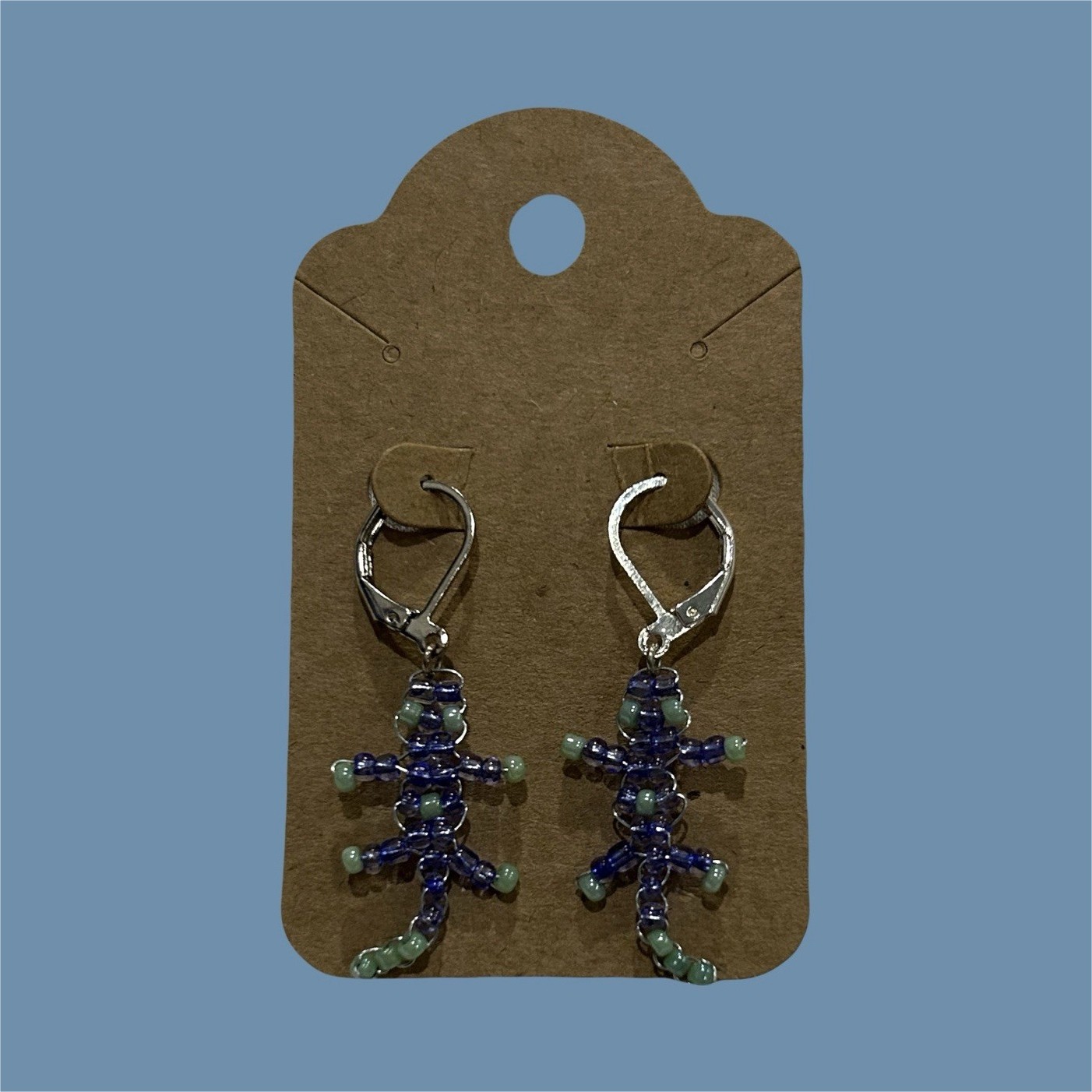 Beaded Scorpion Dangle/Drop Earrings, Blue Green Beads, nickel free