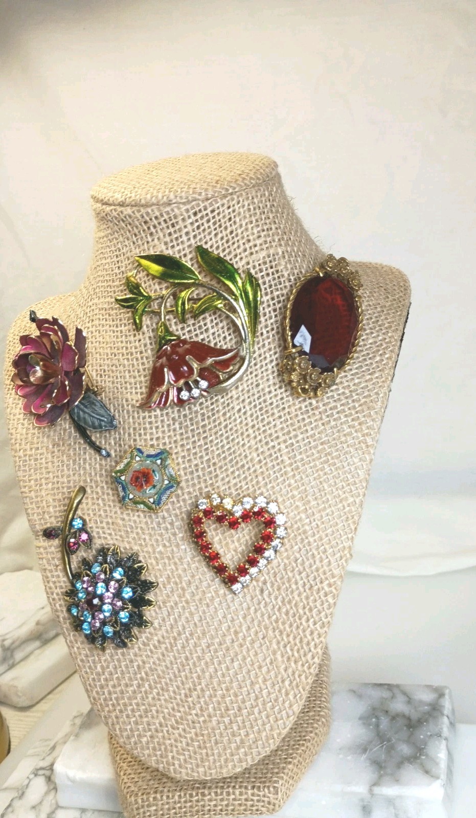 Vintage To Current Brooches Lot of 6 Rhinestone Glass Enamel Paint Gold Fill