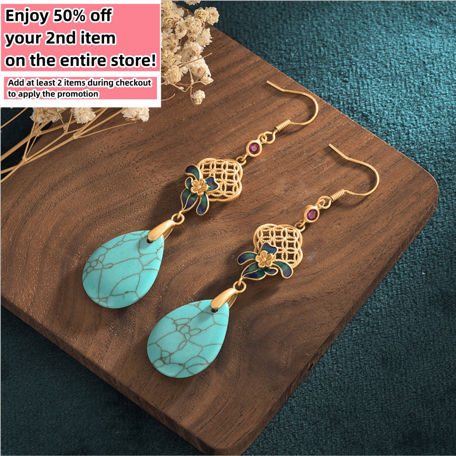 Bohemian Turquoise Drop Dangle Earrings Gemstone Ethnic Ear Hook 18K Gold Plated